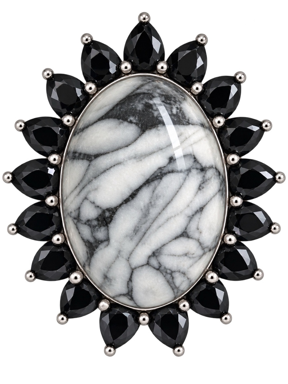 Pinolith Cabochon with Black Spinel Silver Ring